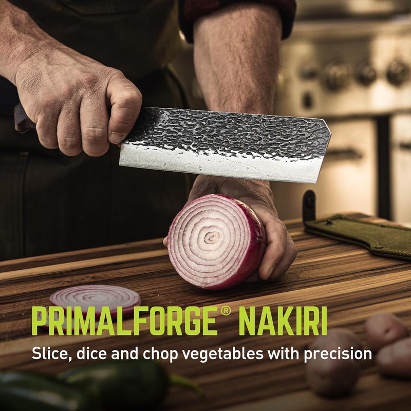 True PrimalForge Nakiri Knife | Precision Cutting, Vegetable Cutlery, Home & Professional Knife, Rugged Stonewash Finish, Sharp 5Cr15MoV Stainless-Steel, Wood Handle, Hand Forged Appearance - Image 2